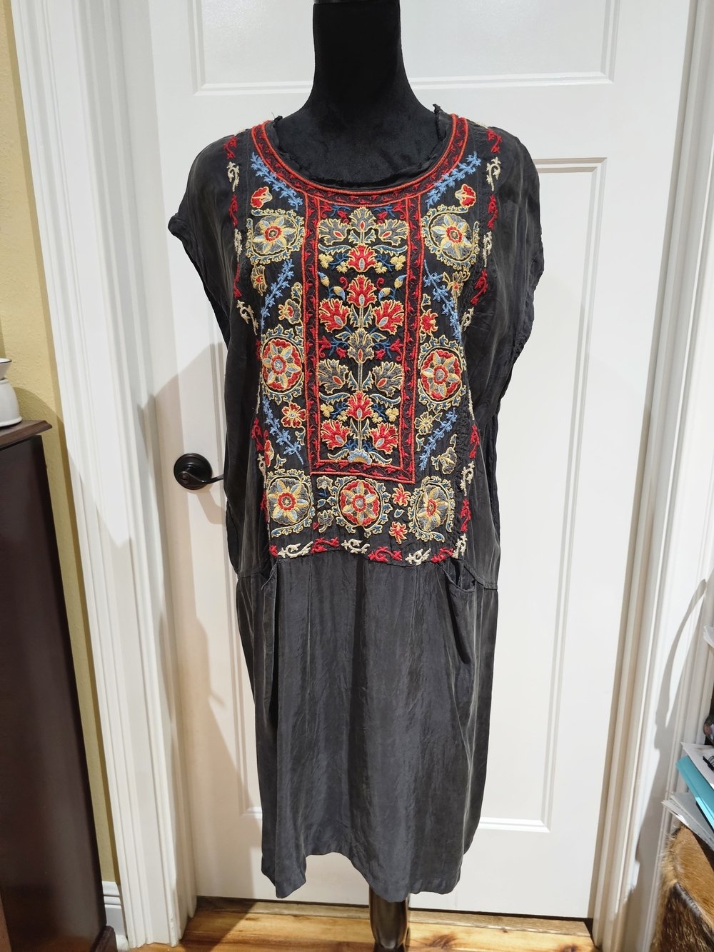 Johnny Was Black Midi Dress with Red, Gold and Blue Embroidery